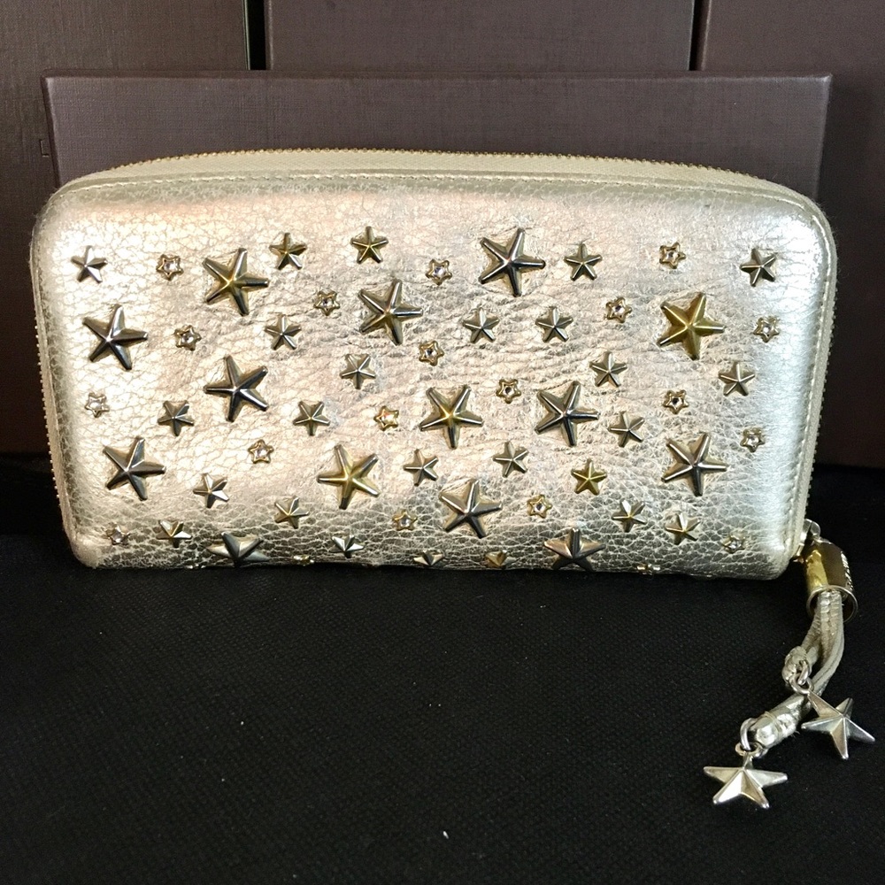 JIMMY CHOO Metallic Gold Lambskin & Silver and Gold Stars Continental Zip Wallet